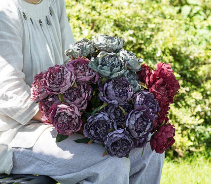 Artificial open peony bouquet in purple, additional angle