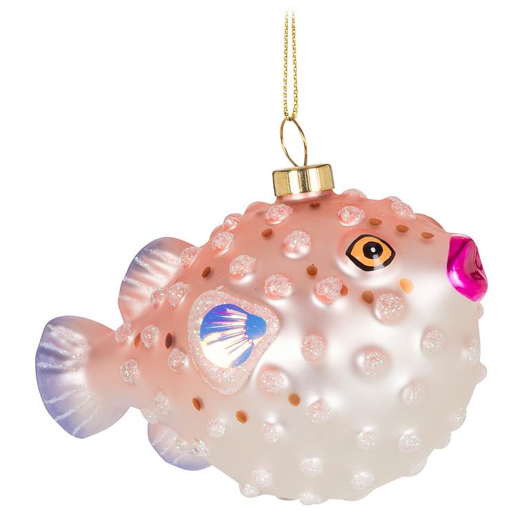 Glass puffer fish Christmas ornament in pink and white with glittery bumps, an iridescent shell-shaped eye, and a hot pink nose, hanging from a gold chain.