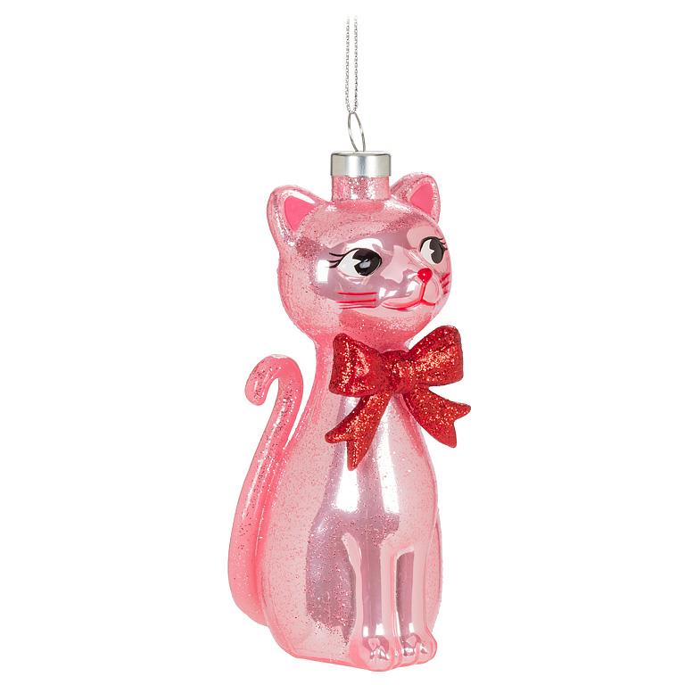 Glossy pink glass cat-shaped Christmas ornament with a glitter red bow around its neck, hanging from a silver string.