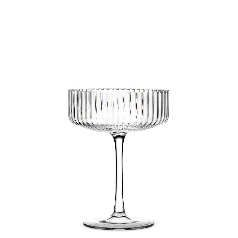 Clear glass cocktail coupe with fine optic ribbing, 5.5 inches tall