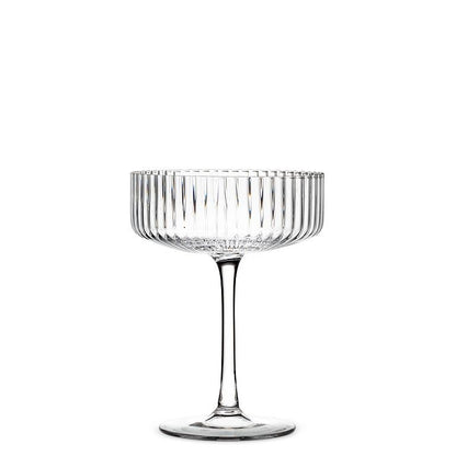 Clear glass cocktail coupe with fine optic ribbing, 5.5 inches tall