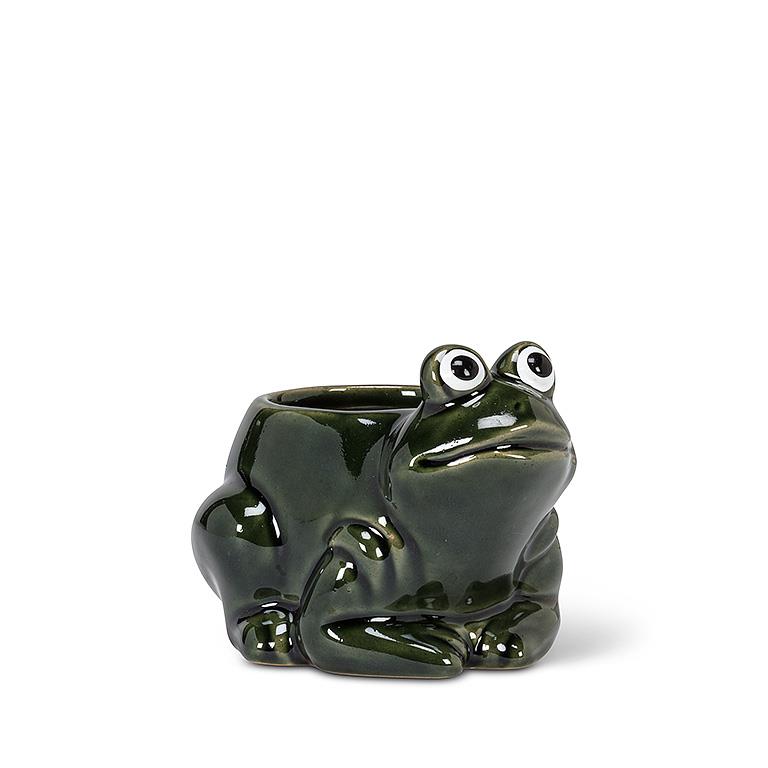Dark green ceramic planter shaped like a crouching frog, 4.5 inches long
