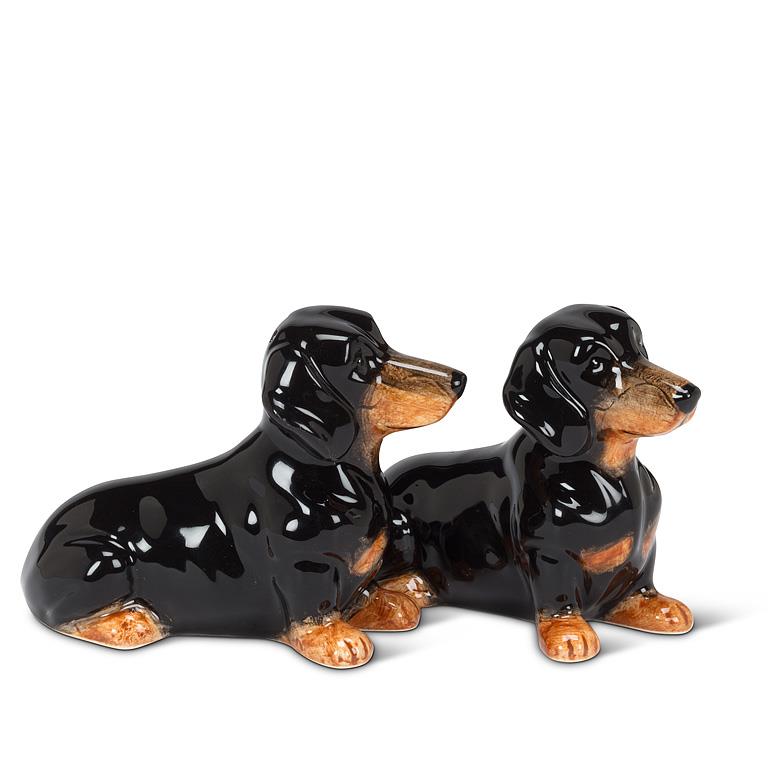 Black and brown ceramic salt and pepper shakers shaped like dachshunds, 2.5 inches tall