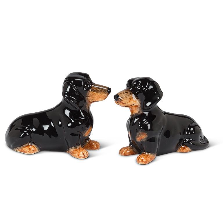 Black and brown ceramic dachshund salt and pepper shakers, additional angle