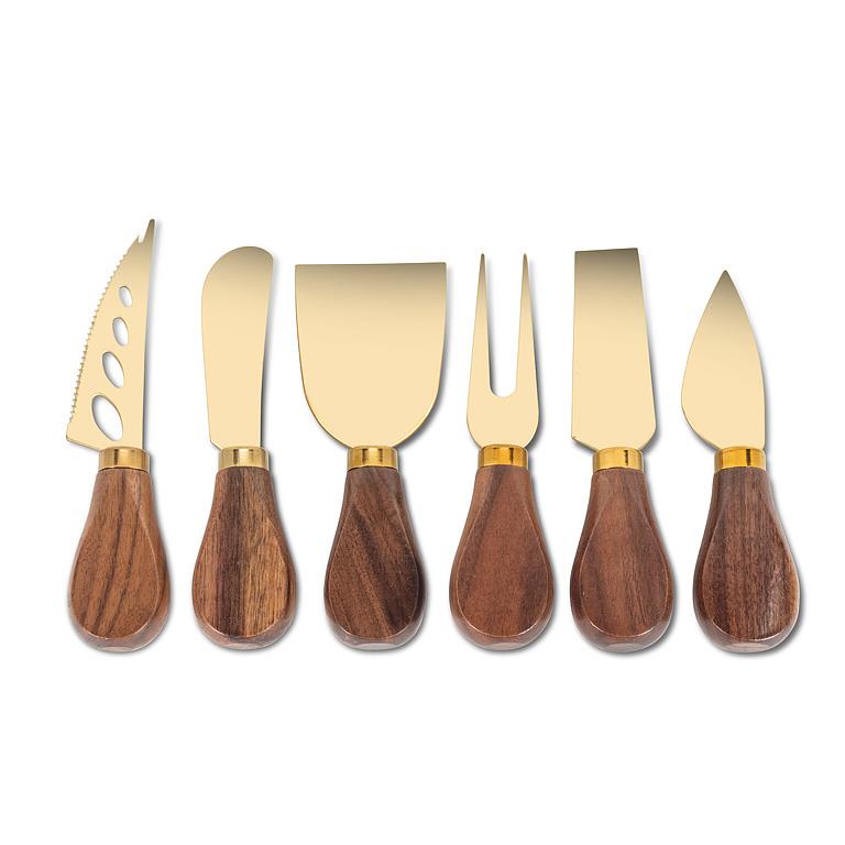 Set of six cheese knives with walnut handles and gold titanium-coated blades