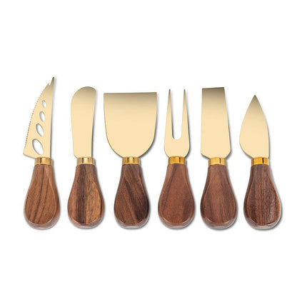 Set of six cheese knives with walnut handles and gold titanium-coated blades