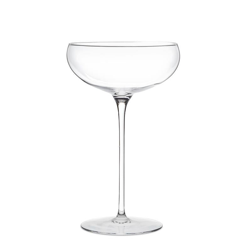 Small clear glass coupe with curved bowl and stem, 6 inches tall