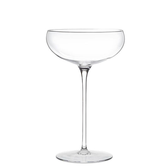 Small clear glass coupe with curved bowl and stem, 6 inches tall