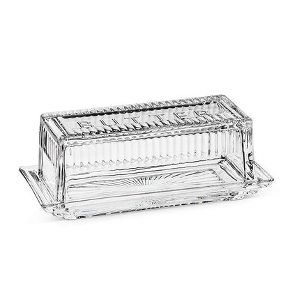 Retro-style clear glass quarter-pound butter dish with matching cover