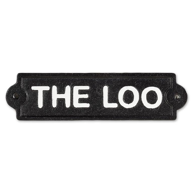 Black cast iron sign reading THE LOO in bold capital letters, 9 inches long