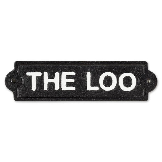 Black cast iron sign reading THE LOO in bold capital letters, 9 inches long