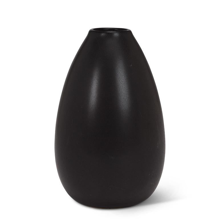 Matte black teardrop-shaped bud vase with narrow neck, 4.5 inches tall
