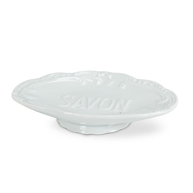 White embossed oval bone china soap dish, 6 inches long