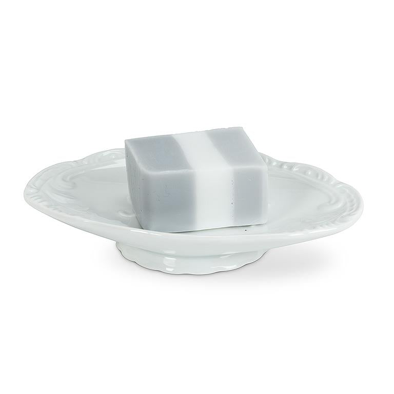 White embossed oval bone china soap dish, additional angle