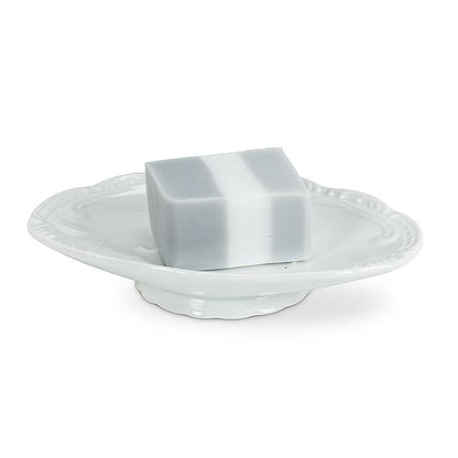 White embossed oval bone china soap dish, additional angle