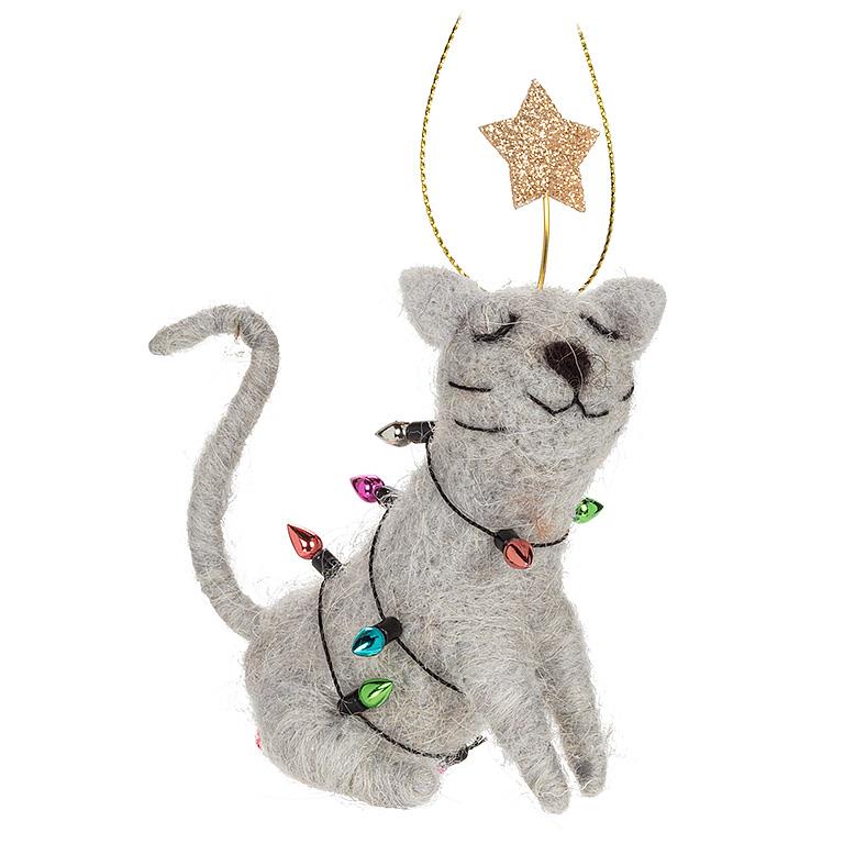 Felted grey wool cat ornament sitting upright, wrapped in colourful holiday string lights with a glittery gold star above its head.