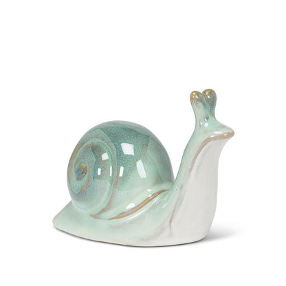 Turquoise glazed stoneware snail figurine with curled shell, 3.5 inches tall