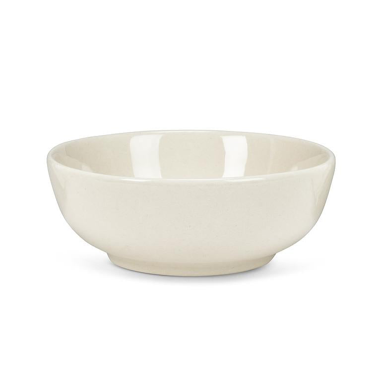Small round cream stoneware bowl with a glossy glaze and tapered base, photographed against a plain white background.