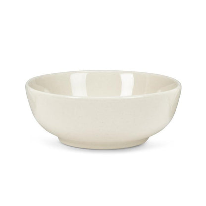 Small round cream stoneware bowl with a glossy glaze and tapered base, photographed against a plain white background.