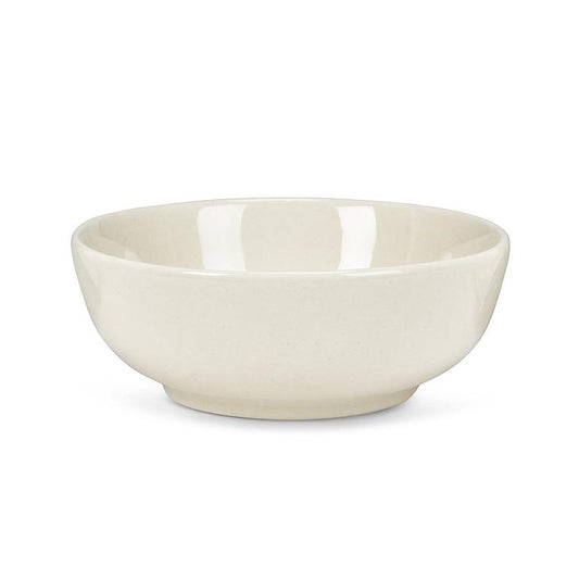 Small round cream stoneware bowl with a glossy glaze and tapered base, photographed against a plain white background.