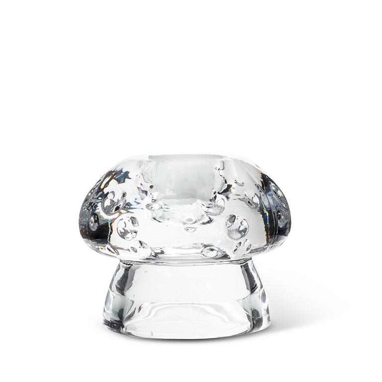 Glass taper candle holder shaped like a mushroom, 2 inches tall