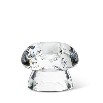 Glass taper candle holder shaped like a mushroom, 2 inches tall