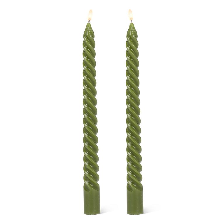 Two green spiral-twist taper candles, 9.5 inches tall
