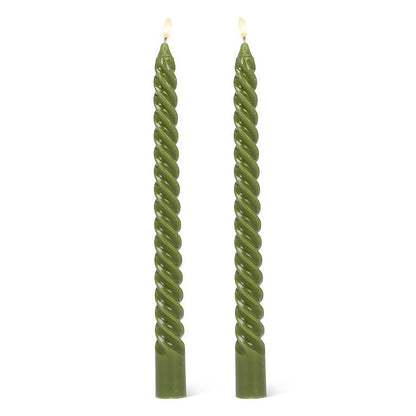 Two green spiral-twist taper candles, 9.5 inches tall