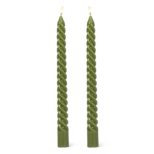 Two green spiral-twist taper candles, 9.5 inches tall