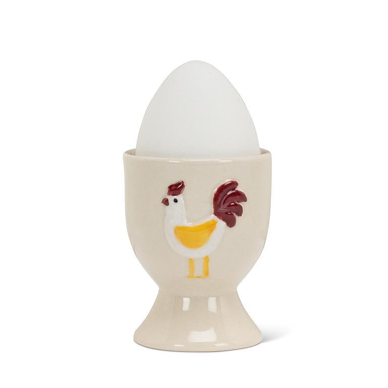 Ivory and red stoneware rooster egg cup, additional angle