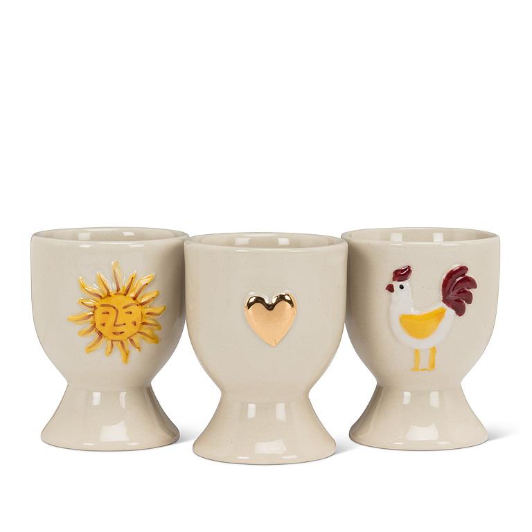 Ivory and red stoneware rooster egg cup, additional angle