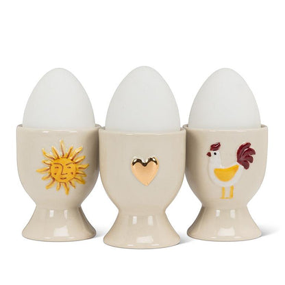 Ivory and red stoneware rooster egg cup, additional angle