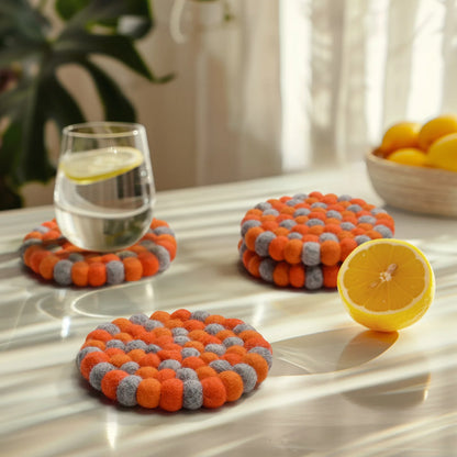 Modwool Felt Ball Coasters Orange + Grey