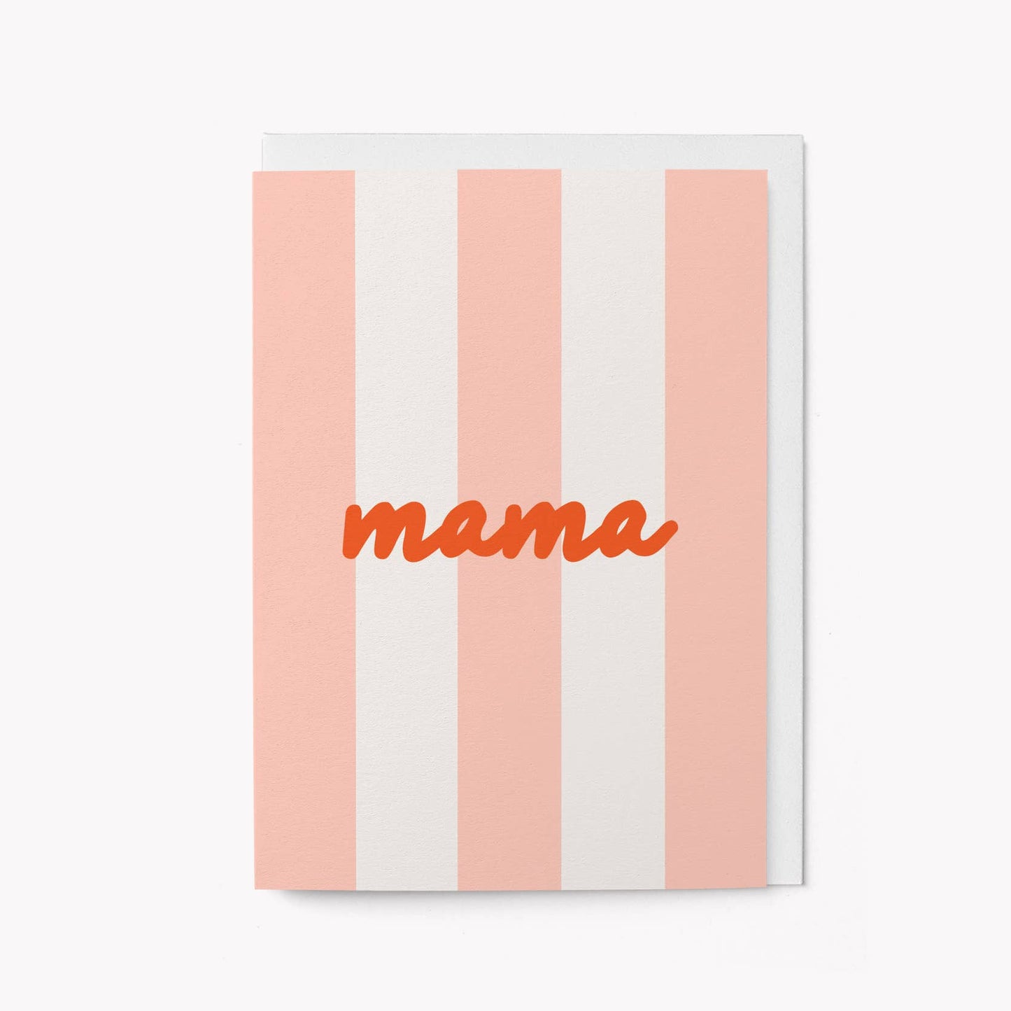 Pink and cream striped greeting card with the word 'mama' written in orange script