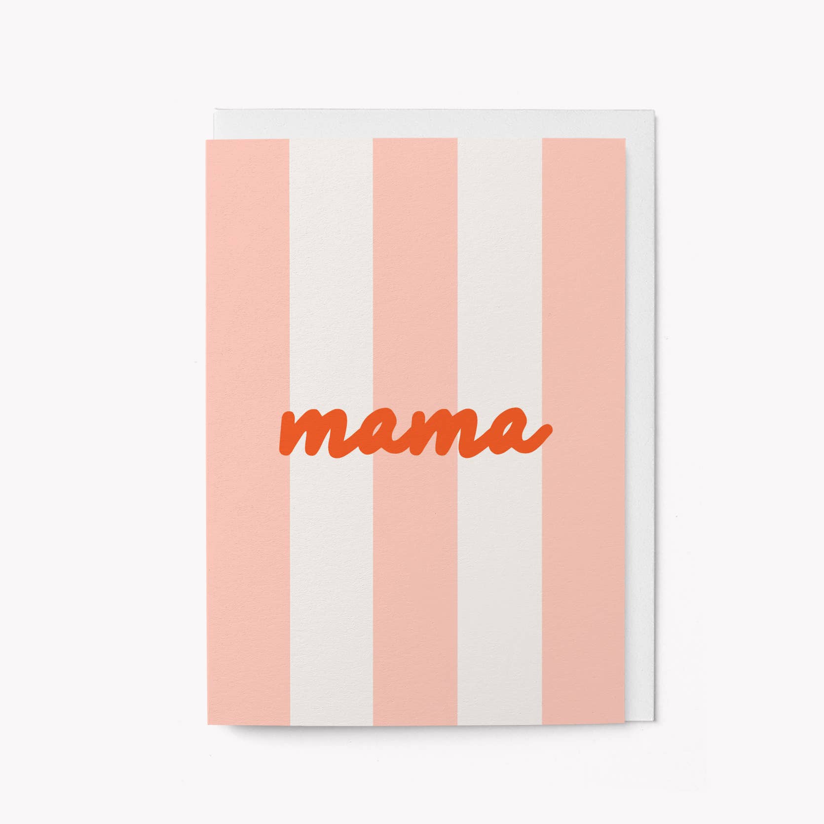 Pink and cream striped greeting card with the word 'mama' written in orange script