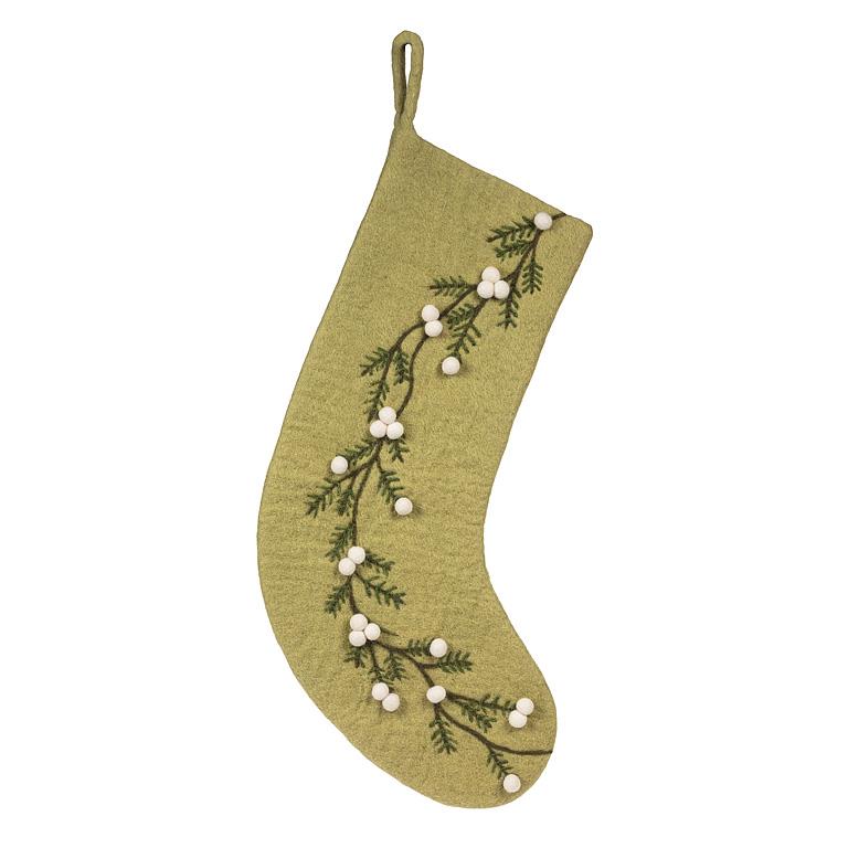 Sage green felted wool Christmas stocking embroidered with mistletoe greenery and clusters of white felt berries trailing down the front.