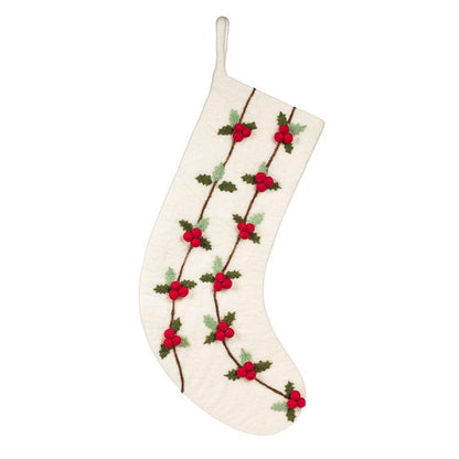 White felted wool Christmas stocking embroidered with red berry clusters and green holly leaves trailing down the front.