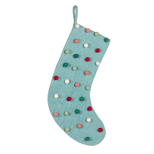 Aqua wool felt Christmas stocking covered in pompoms, 20 inches long