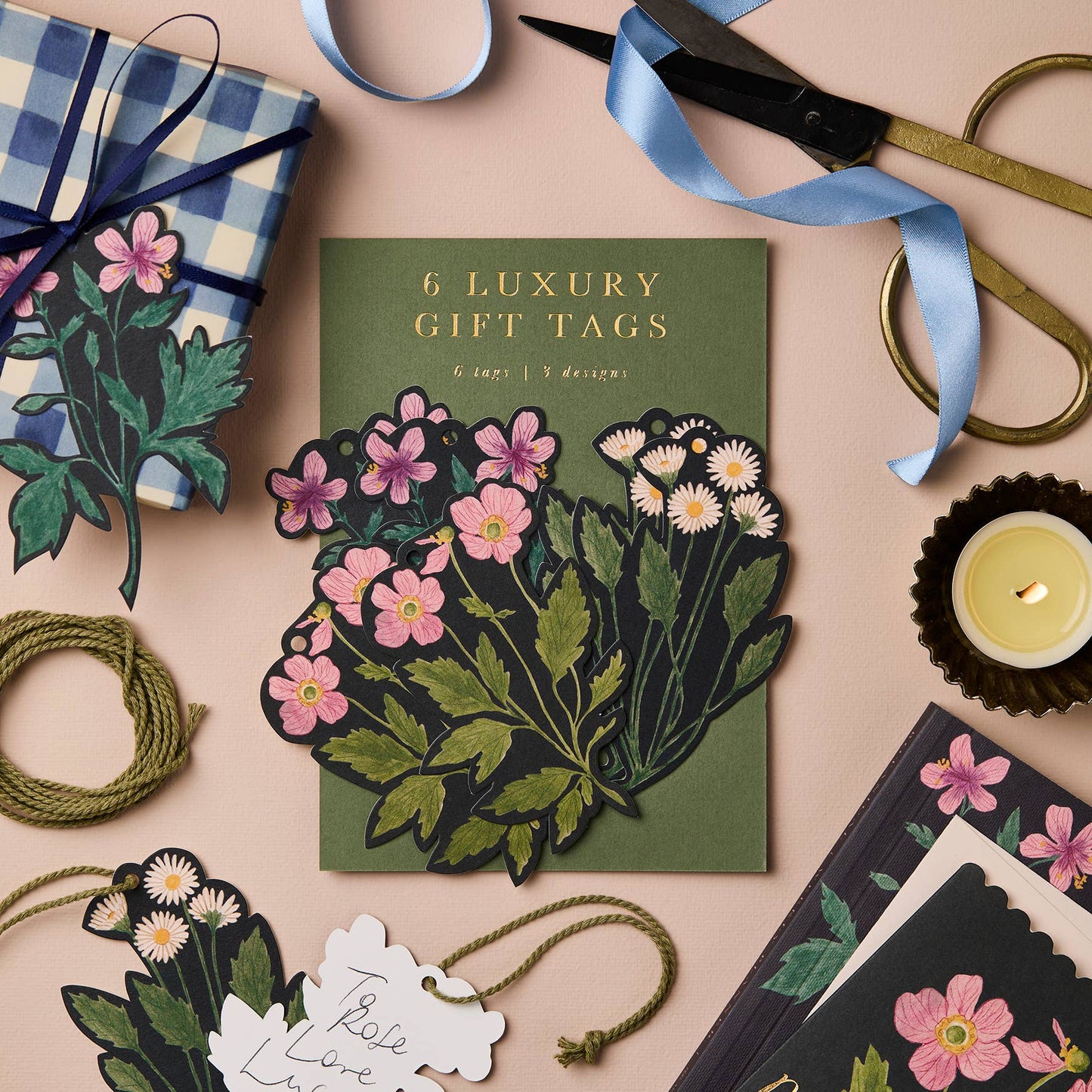 Set of six floral gift tags with olive green twine, packaged with gold foil backing board
