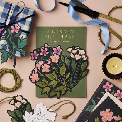 Set of six floral gift tags with olive green twine, packaged with gold foil backing board