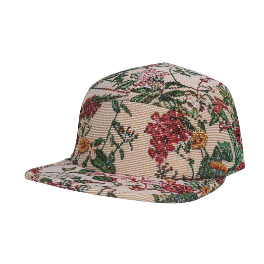 Bold Floral Jacquard 5 Panel Hat Camp Cap - Beige