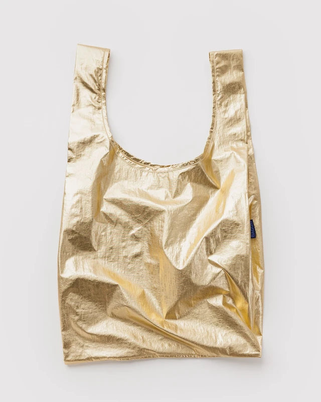 BAGGU Standard Baggu reusable bag in Gold Metallic print folded flat - PABOOM