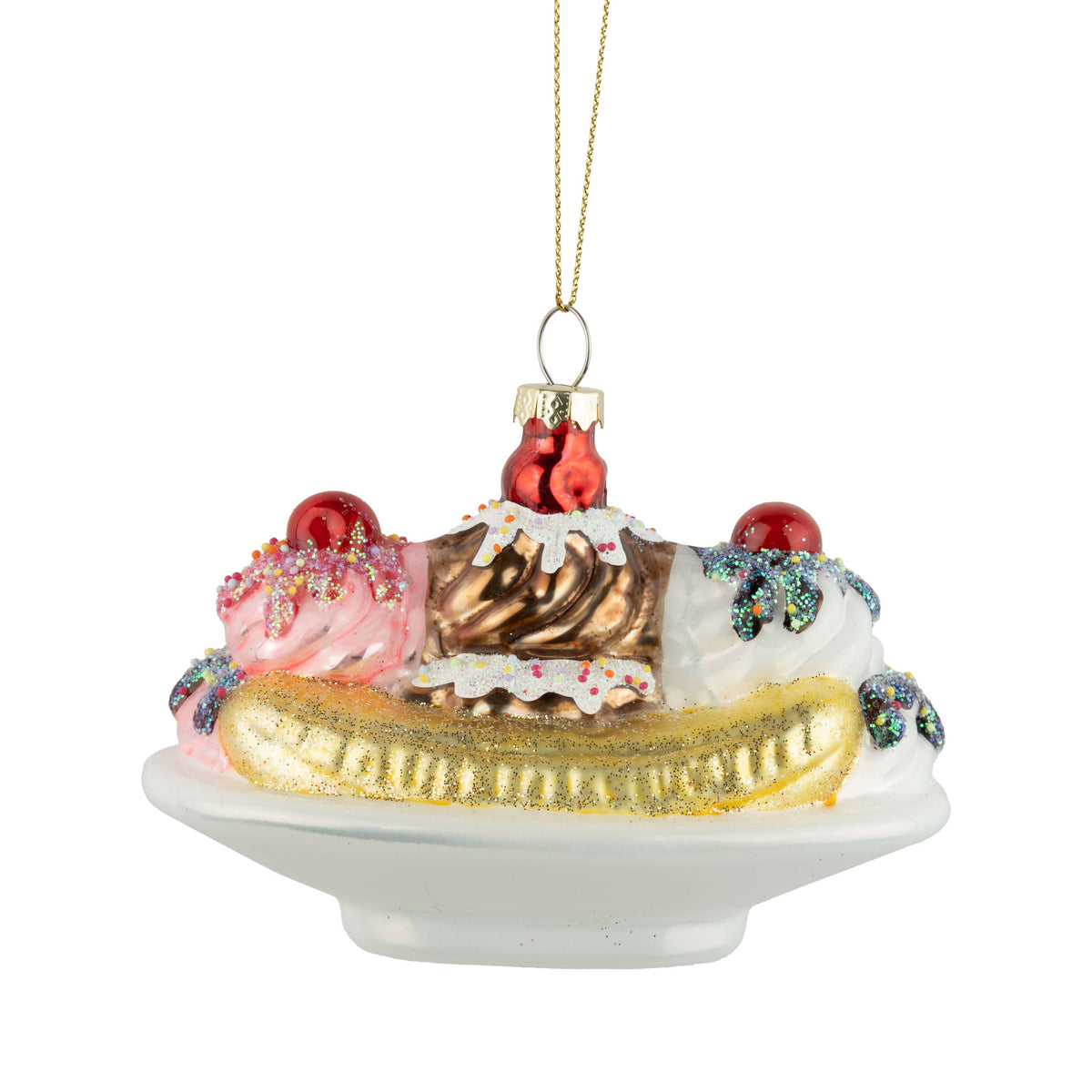 Glass banana split ornament with whipped cream, cherries, and chocolate drizzle - PABOOM