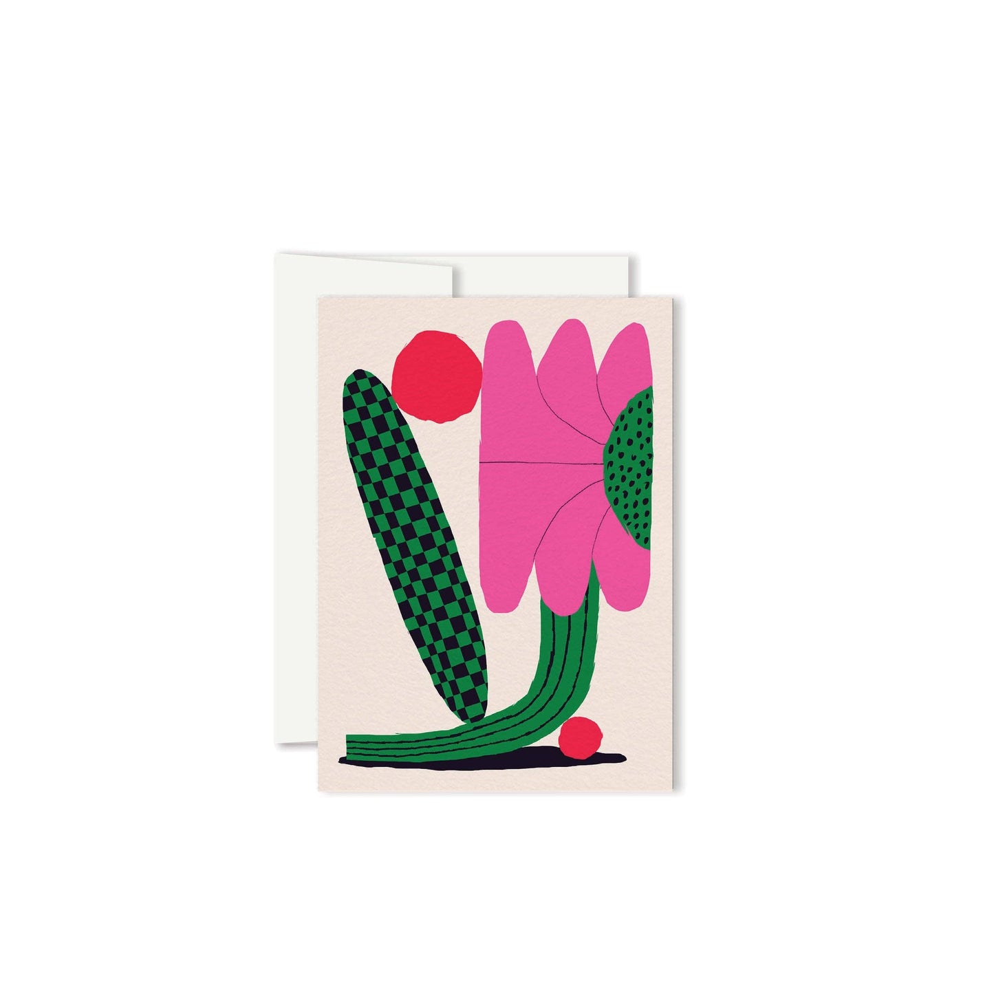 Abstract pink flower with a green checkered leaf and red berries on cream background
