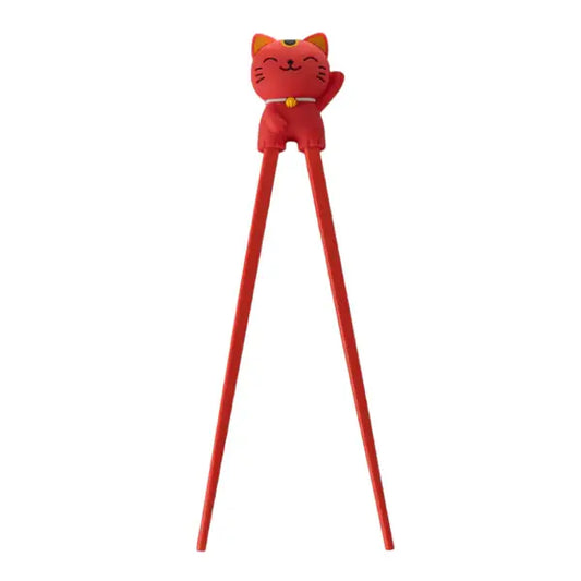Red training chopsticks with a red waving lucky cat topper - PABOOM