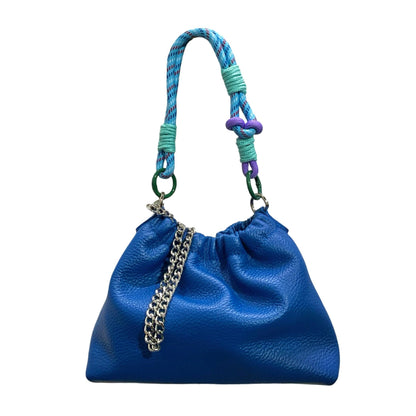 Louisa Lee Plissa Small drawstring bag in royal blue grained leather with turquoise braided cord - PABOOM
