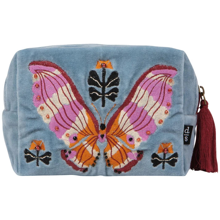 Sky blue velvet boxy pouch embroidered with a pink and orange butterfly and beaded accents – PABOOM