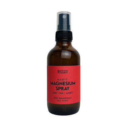 Charleston & Harlow Magic Magnesium Spray in amber glass bottle with red label, Pink Grapefruit scent