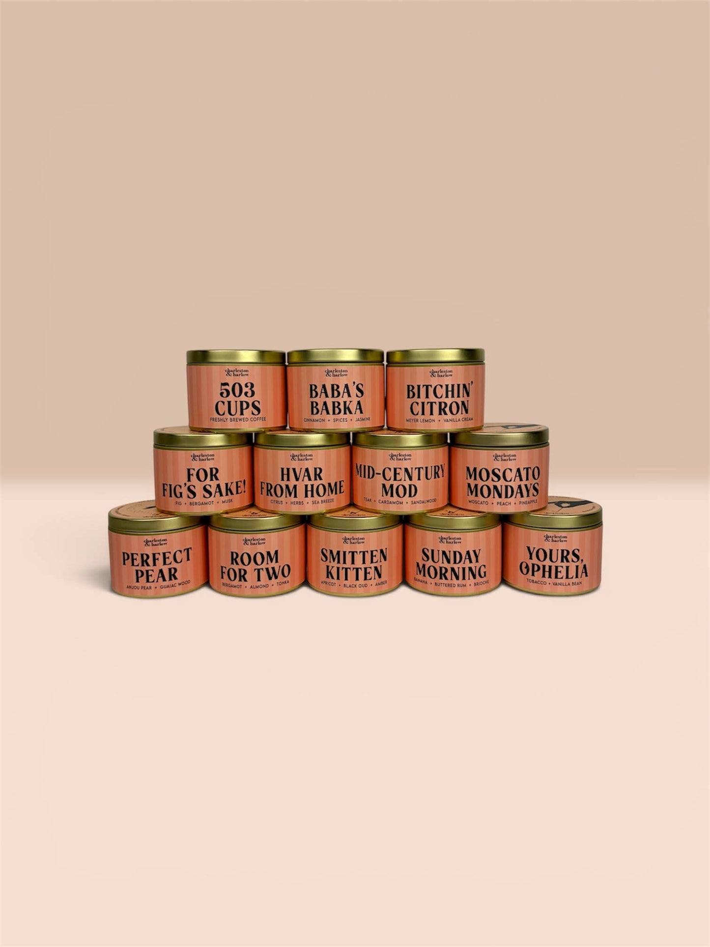 Charleston & Harlow Standards Range gold travel tin candle collection lifestyle shot