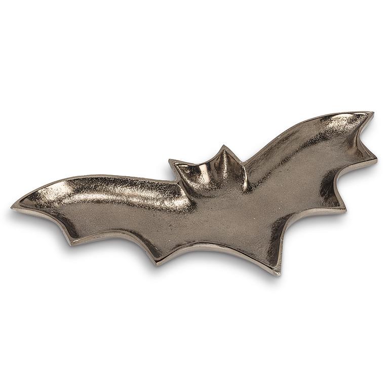 Sculptural metal tray shaped like a bat with spread wings, polished gunmetal finish, 14 inches wide